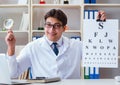 Doctor optician with letter chart conducting an eye test check Royalty Free Stock Photo