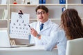 The doctor optician with letter chart conducting an eye test check Royalty Free Stock Photo