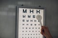 Doctor optician with letter chart for eye vision test check Royalty Free Stock Photo