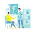 Doctor orthopedist treating patient suffering from knee joint pain. Traumatology and orthopedics, vector illustration.