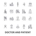 Doctor and patient, cabinet, medical, hospital, consultation, nurse, healthcare line icons. Editable strokes. Flat