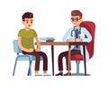 Doctor and patient in hospital office. People at medic desk on consults, vector medical clinic concept Royalty Free Stock Photo