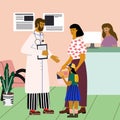 Doctor and patient medical concept. Doctor consulting a woman with a child near the clinic reception at the hospital.