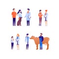 Doctor and patient veterinary concept. Vector flat medical person illustration set. People with animal pet on checkup. Dog, cat Royalty Free Stock Photo