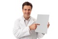 Doctor pharmacist holds brochure, sign, fact sheet Royalty Free Stock Photo