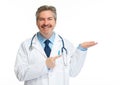 Doctor pharmacist presenting white background Royalty Free Stock Photo