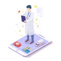 Online doctor physician with stethoscope on mobile phone screen, isometric vector illustration