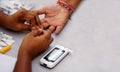 Doctor piercing the finger of woman patient with lancet to check blood sugar leve