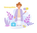 Doctor with pills, medical case and plants. Homeopathist Vector. Cartoon. Isolated art on white background. Flat