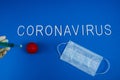 A doctor in a plastic white glove injects a syringe into a red ball of coronavirus. Treating a Chinese infection. The word