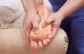 The doctor-podiatrist does an examination and massage of the patient`s foot Royalty Free Stock Photo