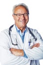 Doctor, portrait and senior man in studio for healthcare, goals and proud on white background space. Face, health and