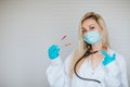 Doctor posing with syringes for diabetes mellitus people on a white background. Copy space