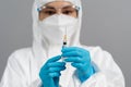 Doctor in PPE suit holding syringe with Coronavirus Covid-19 vaccine for injection test