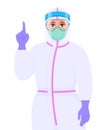 Doctor in PPE suit showing or pointing hand finger up. Female physician wearing medical mask, face shield and eyeglasses. Surgeon