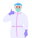 Doctor in PPE suit showing thumbs up symbol. Physician gesturing success sign with thumb finger. Surgeon wearing medical mask,