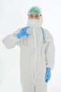 Doctor PPE uniform holding coronavirus covid-19 vaccine bottle on hand Royalty Free Stock Photo