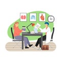 Doctor giving medical prescription to patient sitting at table, flat vector illustration. Doctors appointment.