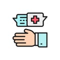 Doctor prescribes medicine, medical specialist prescribe flat color line icon.