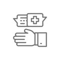 Doctor prescribes medicine, medical specialist prescribe treatment line icon.