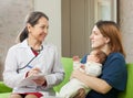 Doctor of prescribes to newborn baby the medication Royalty Free Stock Photo