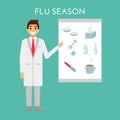 Doctor presents flu and cold season. Medical people health care character concept design. Vector flat design. Pharmacist