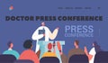 Doctor Press Conference Landing Page Template. Man in White Robe Speaking to Audience Cartoon Vector Illustration Royalty Free Stock Photo