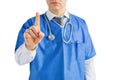 Doctor pressing invisible button with finger Royalty Free Stock Photo