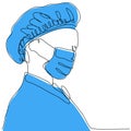Doctor in a protective mask and a blue cap in one line.