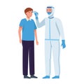 Doctor in protective suit checking temperature to a boy