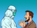 Doctor in protective suit and emotional patient man