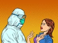 Doctor in protective suit and emotional patient woman