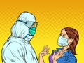 Doctor in protective suit and emotional patient woman