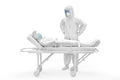 Doctor in protective suit and sick patient on a gurney. 3D illustration