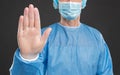 Doctor in protective uniform showing stop gesture Royalty Free Stock Photo