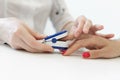 The doctor puts on the sensor measuring the pulse and oxygen in the blood on the patient`s finger Royalty Free Stock Photo