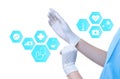 Doctor putting on rubber gloves and informational icons against white background. Medical service Royalty Free Stock Photo