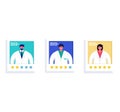 Doctor rating review cards, one male and two, different ethnicity, with stars. Medical staff feedback, patient