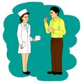 The doctor recommends the patient to cure the disease, vector cartoon doodle illustration. Royalty Free Stock Photo