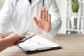 Doctor refusing to take bribe. Corruption concept Royalty Free Stock Photo