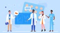 Doctor researcher team vector illustration, cartoon flat scientist doctor characters work at researching training center