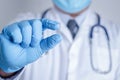 Doctor or researcher wearing blue gloves work in the laboratory