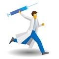 Doctor running with a large syringe. Medicine concept.