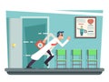 Doctor running out consulting room door hurry medical clinic cartoon character flat design vector illustration