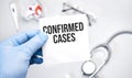 The doctor's blue - gloved hands show the word confirmed cases - . a gloved hand on a white background. Medical concept. the