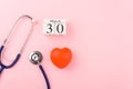 Doctor`s Day concept, flat lay top view, equipment medical red heart and stethoscope Royalty Free Stock Photo