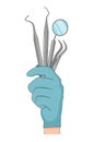 Doctor`s hand in blue latex glove holding dental tools vector illustration.