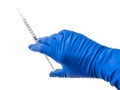 Doctor`s hand in blue medical glove holding open syringe with medical solution isolated white background. Flu vaccine Royalty Free Stock Photo