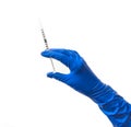 Doctor`s hand in blue medical glove holding open syringe with medical solution isolated white background. Flu vaccine Royalty Free Stock Photo