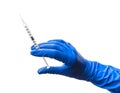Doctor`s hand in blue medical glove holding open syringe with medical solution isolated white background. Flu vaccine Royalty Free Stock Photo